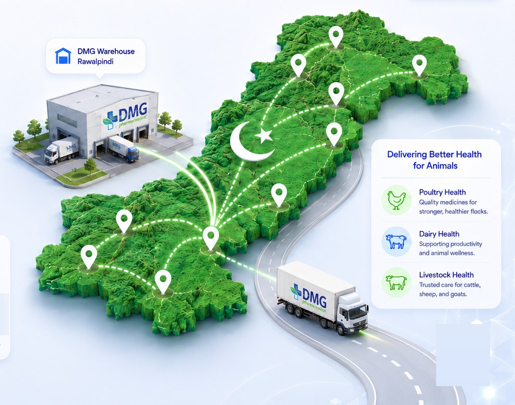 Distribution routes spreading from the DMG Warehouse in Rawalpindi across a map of Pakistan, with a DMG delivery truck on the road